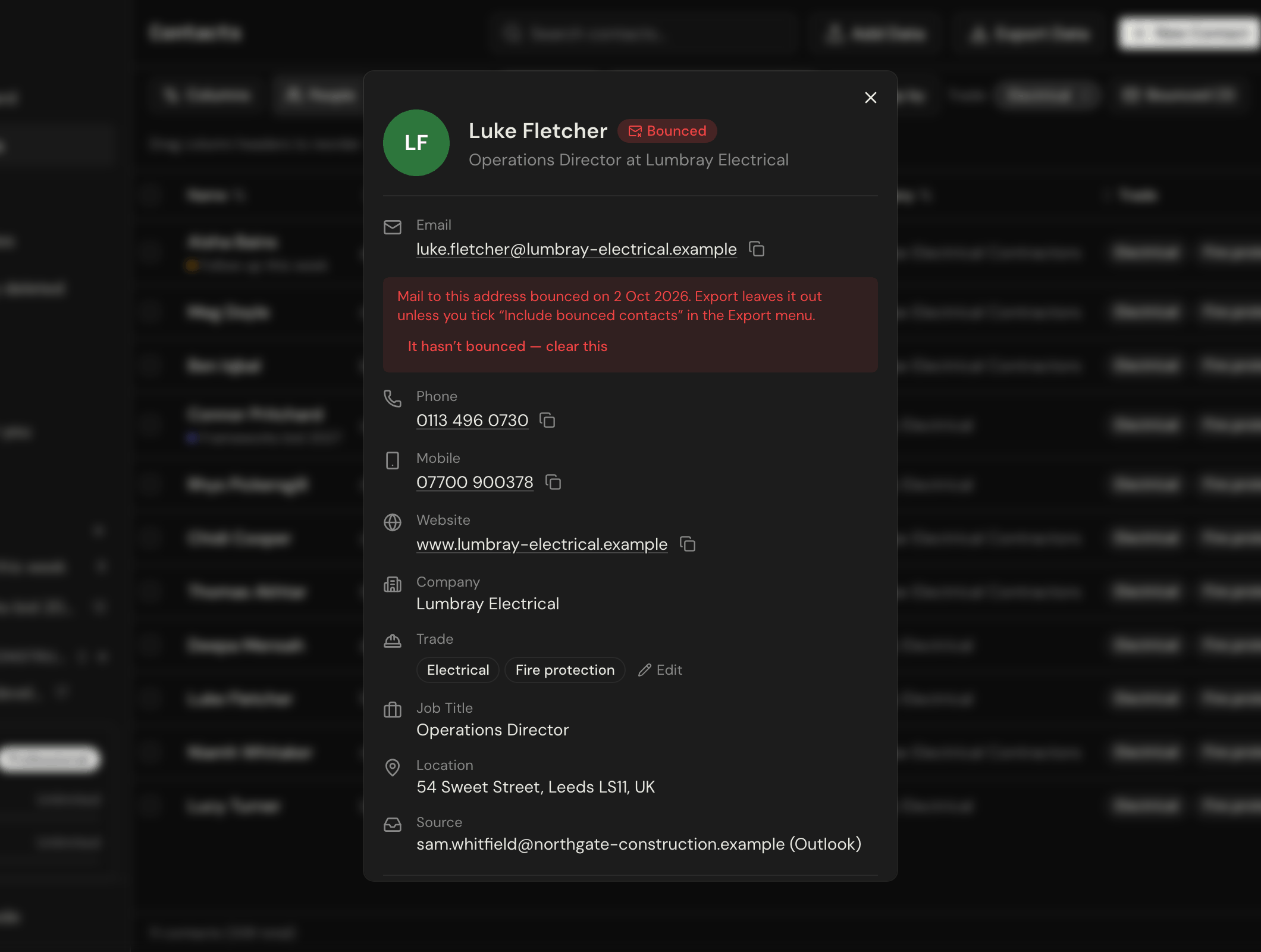 A subcontractor's contact card in Sigbot, on the sample UK contractor's list, with a red Bounced flag and a note saying when mail to the address bounced and that exports leave it out
