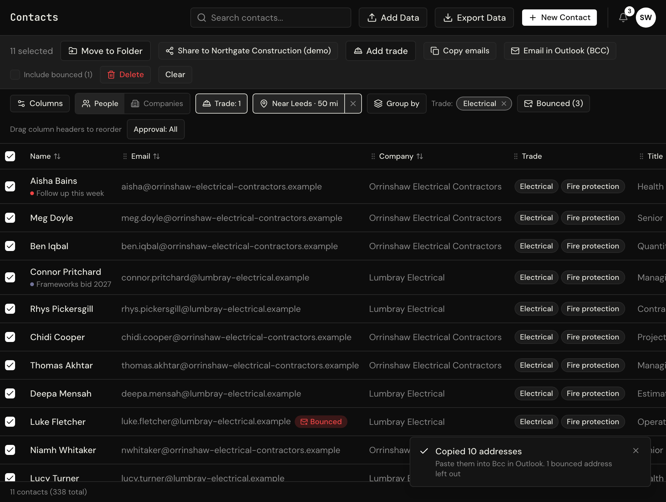 Subcontractors selected in Sigbot on the sample UK contractor's list, with the Copy emails and Email in Outlook buttons and a message confirming the addresses were copied with one bounced address left out
