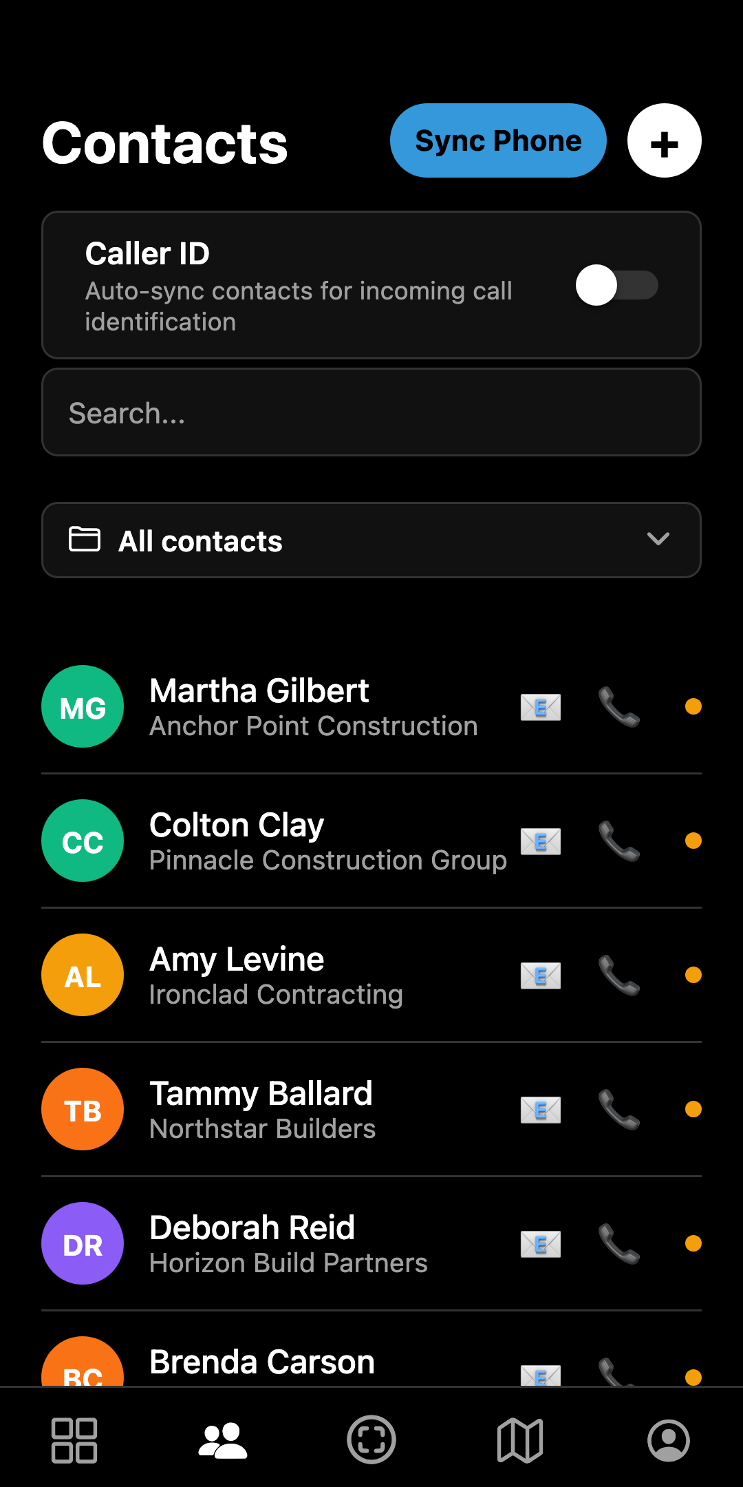 Sigbot mobile contacts list with Caller ID sync, Sync Phone, folder filter, and call and email buttons on every row