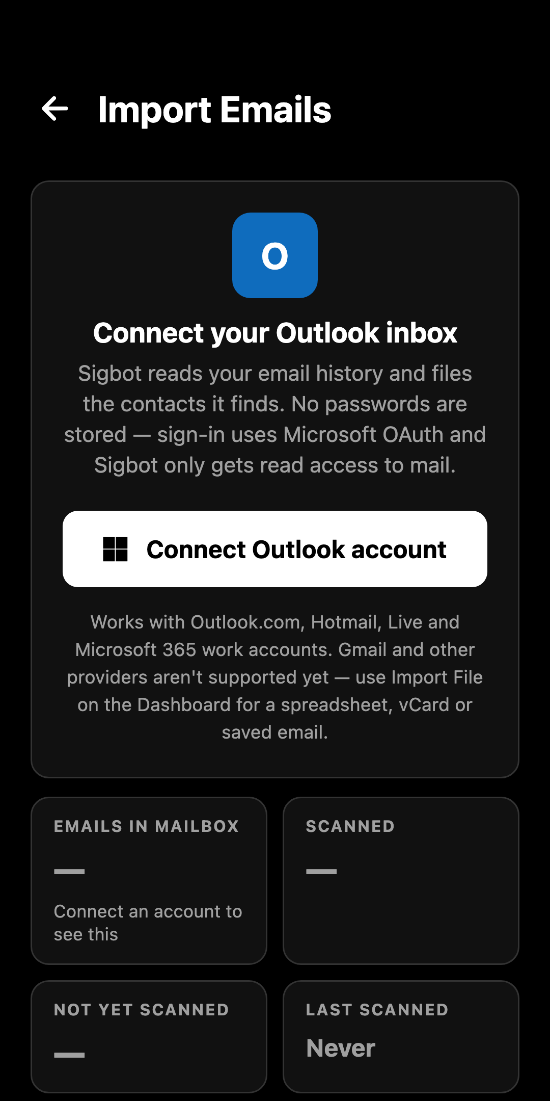 Sigbot mobile Import Emails screen with a Connect Outlook account button and the mailbox scan counters