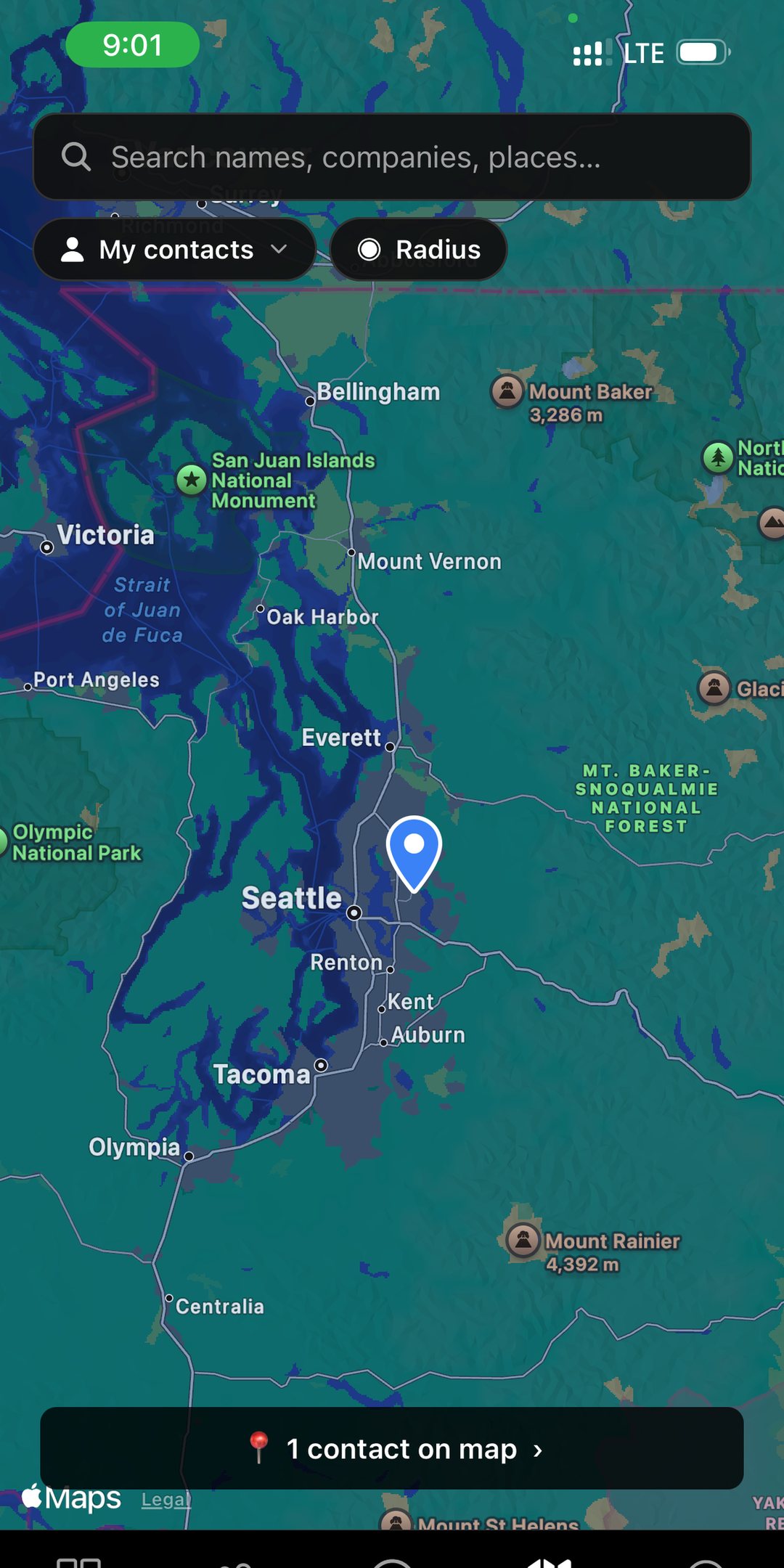 Sigbot mobile map view: contacts pinned on an Apple Maps view of Seattle, with a search bar, My contacts and Radius filters