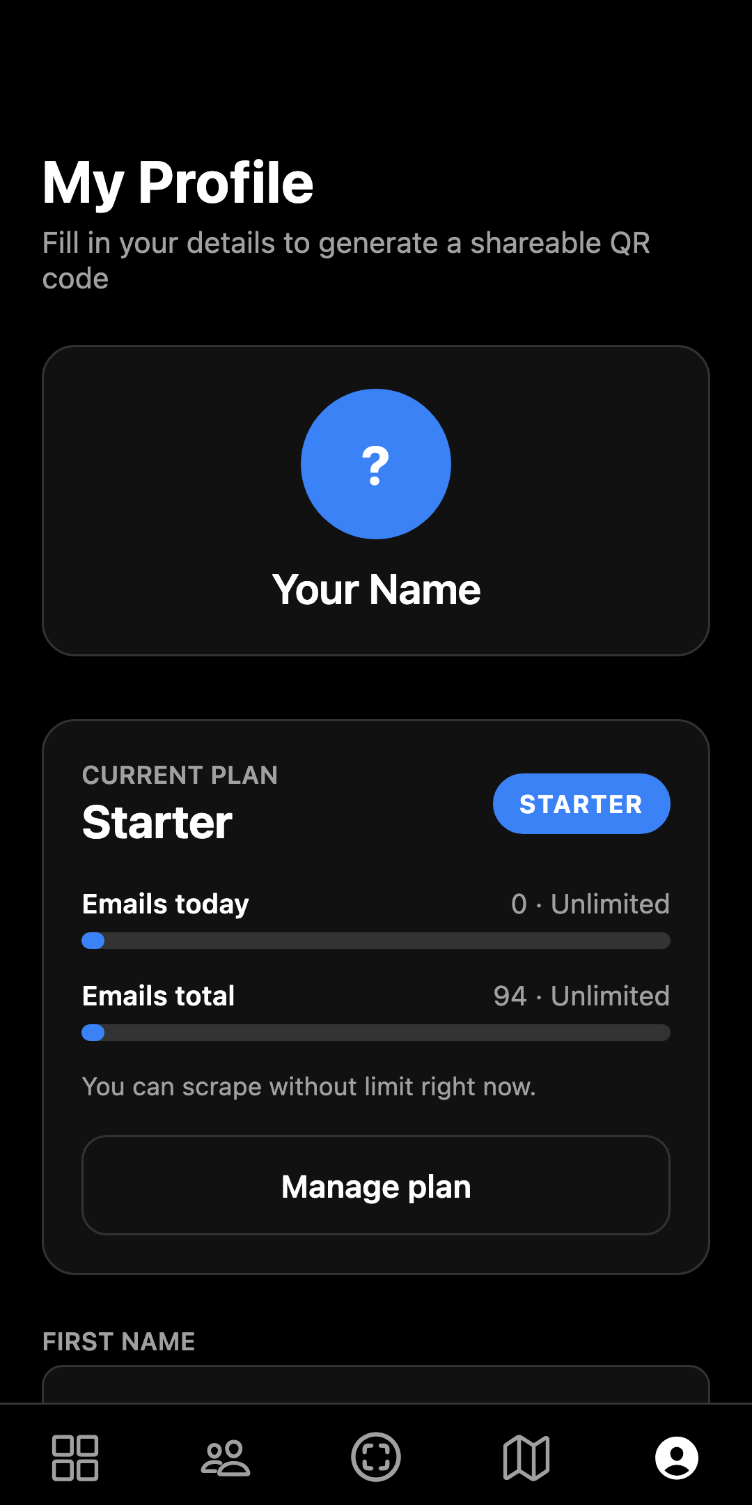 Sigbot mobile profile screen with the current plan card, usage meters, and the shareable QR profile
