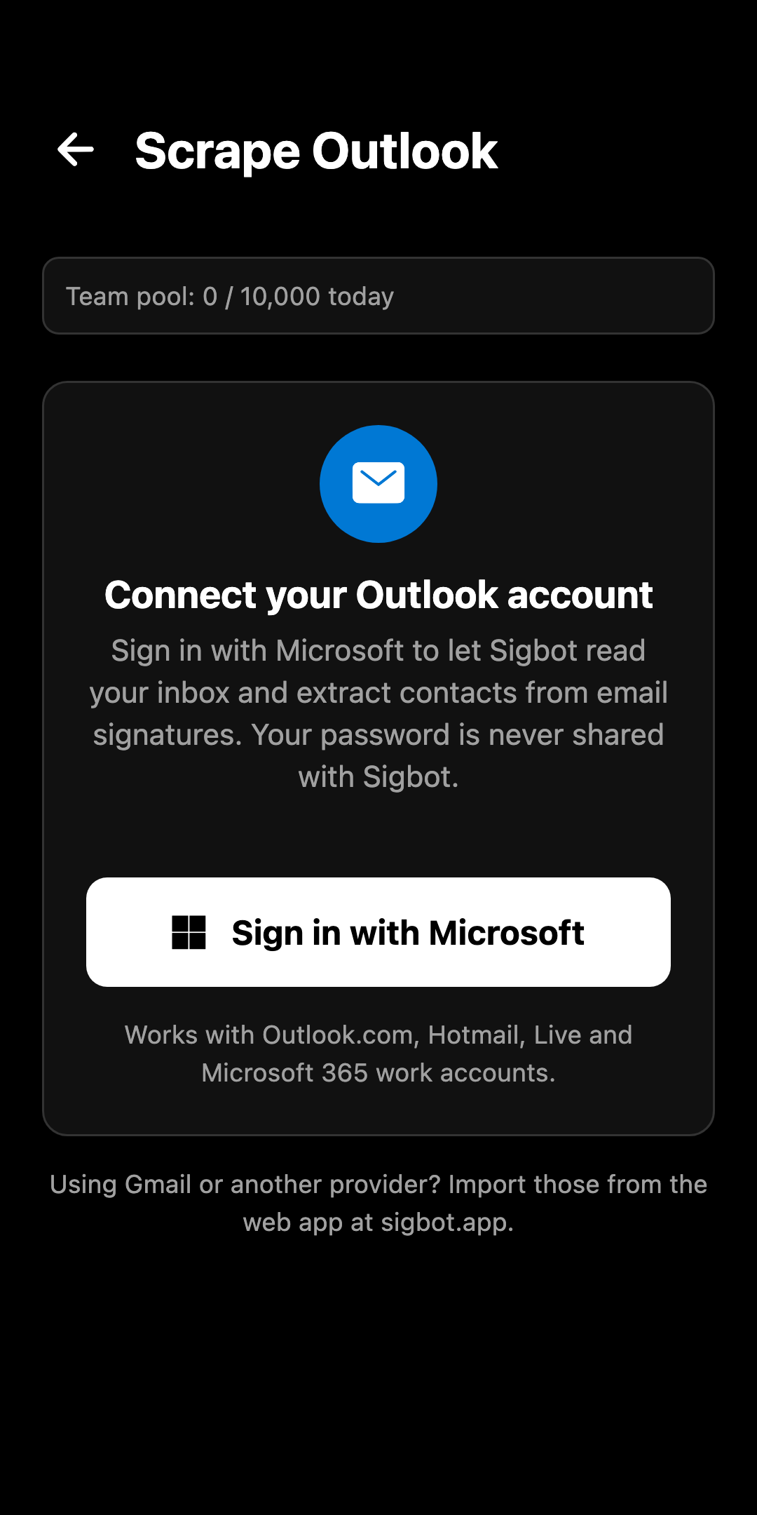 Sigbot mobile Scrape Outlook screen with the team scan pool and a Sign in with Microsoft button