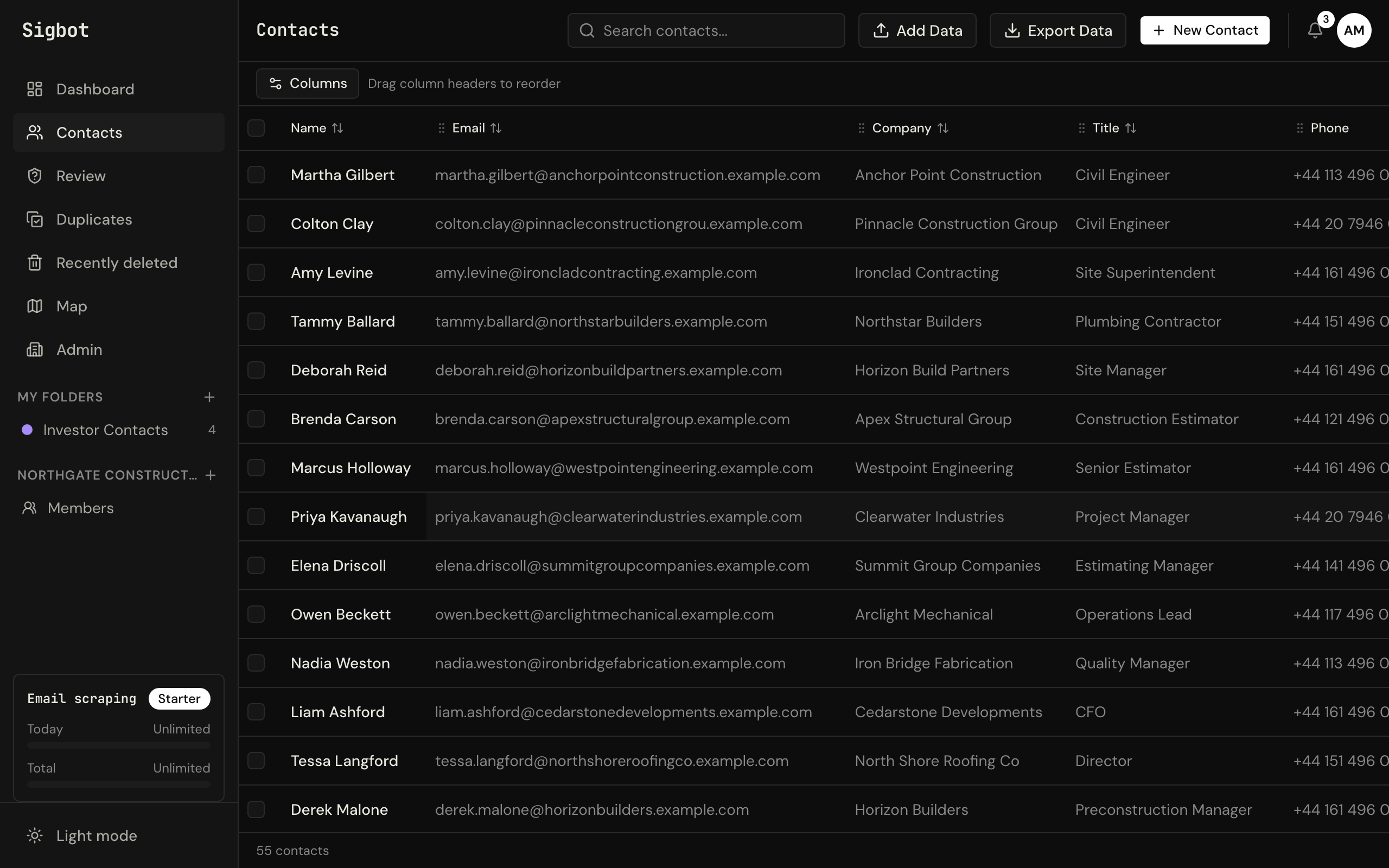 The Sigbot contacts table with sortable name, email, company and title columns, search, and the folder tree in the sidebar