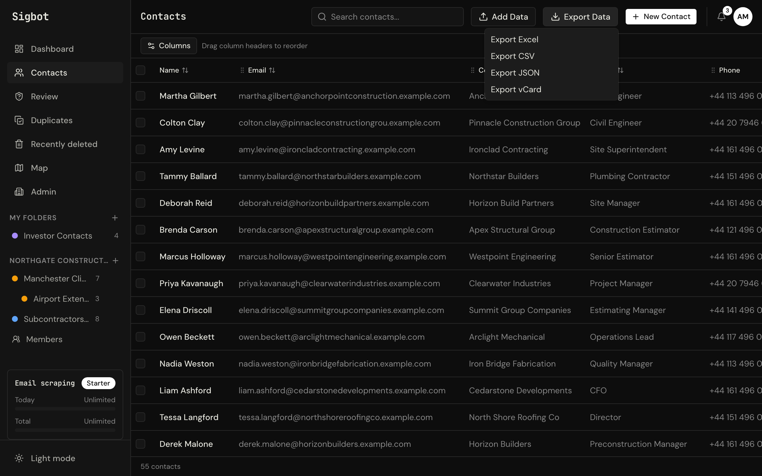 The export menu on the Sigbot contacts table offering Excel, CSV, JSON and vCard downloads