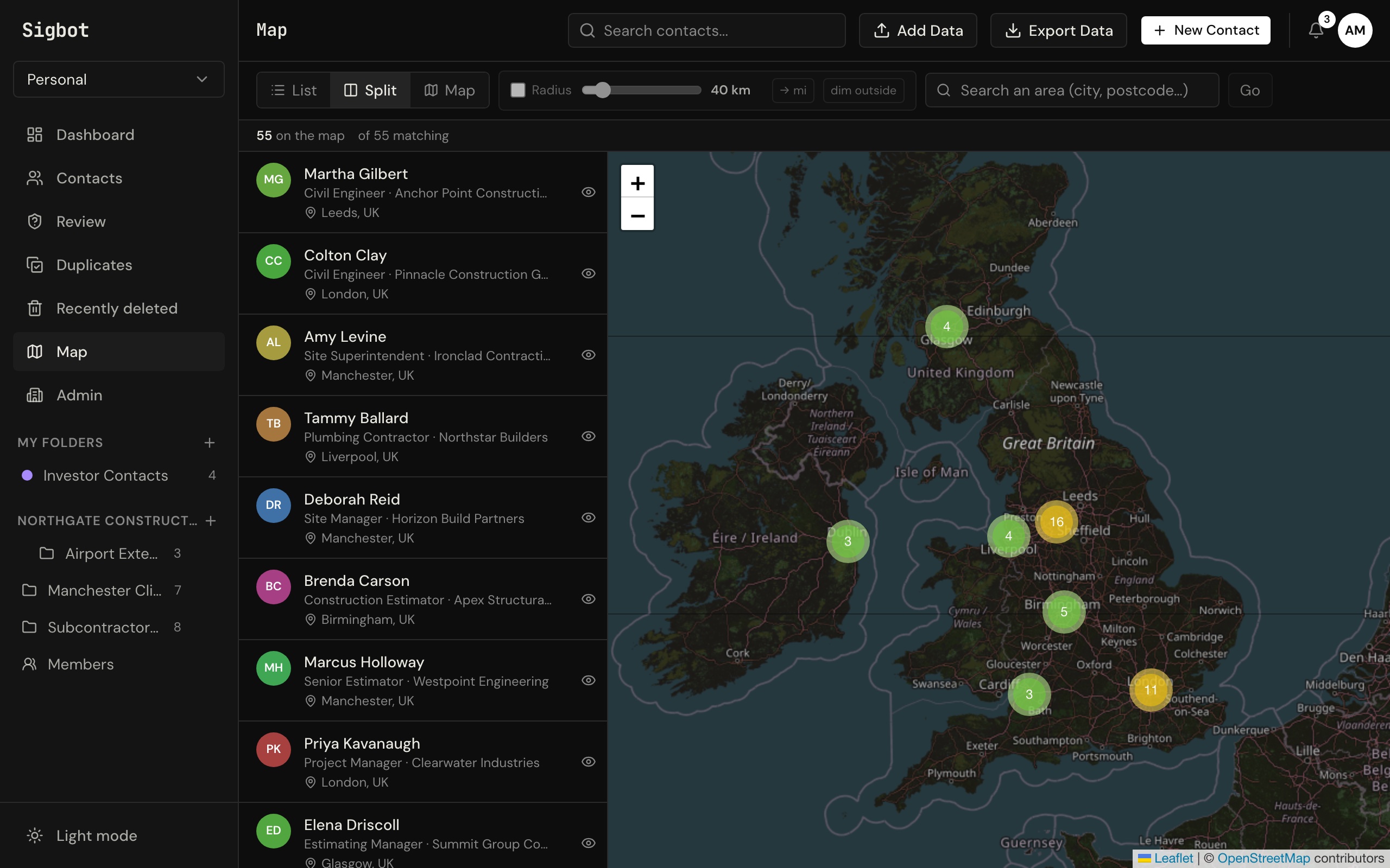 The Sigbot map zoomed to the UK, with contacts clustered around Manchester, Leeds, London, Birmingham, Glasgow and Dublin beside the contact list